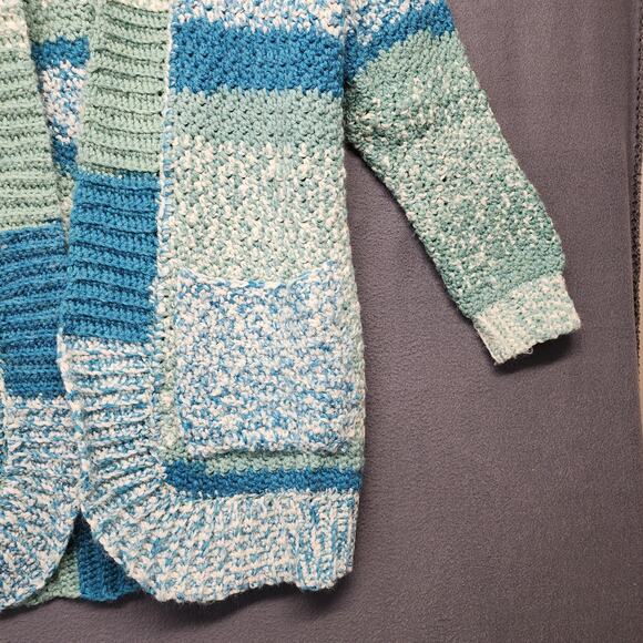 Womens Handmade Open Front Cardigan Large Blue Striped Pockets Long Line - Picture 14 of 15